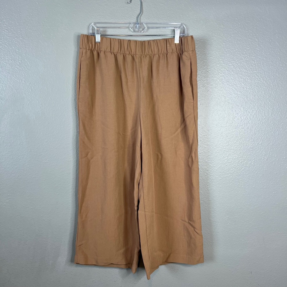 H&M Wide Leg Crop Pants Sz L Culottes Camel Tan Viscose Blend Pull On Flowy NEW